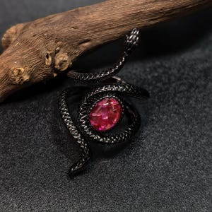 May include: A black metal ring shaped like a coiled snake with a textured, scale-like surface. The snake's body wraps around a central, oval-shaped, faceted red gemstone that is set within the center of the coiled design.