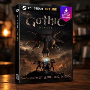 Puede incluir: Una caja de juego para PC rectangular de Gothic Remake con una portada oscura y atmosférica que muestra un gran cráneo de criatura con espinas sobre cuatro siluetas. El texto dice Gothic Remake, PC, Steam, Offline e Instant Delivery.