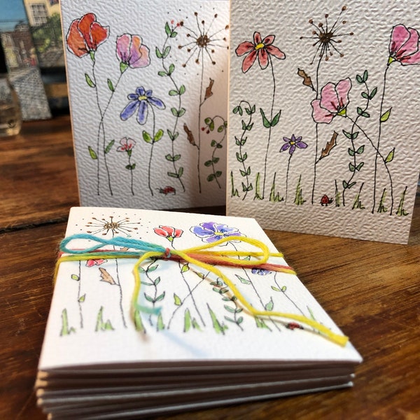 Set van 5 verschillende bloemen originele handgeschilderde aquarel, verjaardag, blanco bloemen wenskaarten