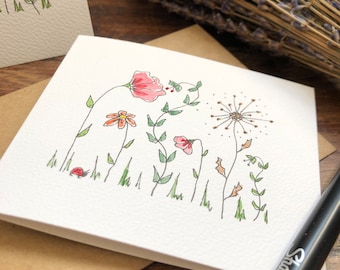 Set of 5 variety flowers original hand drawn and painted watercolour cards, with envelop.