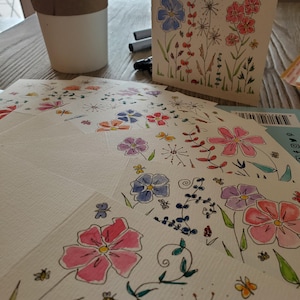 Set of 5 Variety Flowers Original Hand painted Watercolor, birthday, blank greeting flowers cards