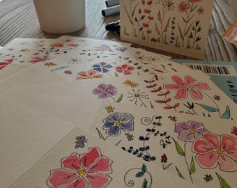 Set of 5 Variety Flowers Original Hand painted Watercolor, birthday, blank greeting flowers cards