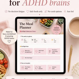ADHD Meal Planner Notion Template | Grocery List, Safe Foods & No-Cook Meals | Weekly Meal Planning for ADHD Brains | Instant Download