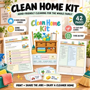 Op de afbeelding: Een Clean Home Kit met 42 pagina's aan ADHD-vriendelijke schoonmaaklijsten, zoneschema's en 40 uitknipkaarten. De set bevat geprinte vellen voor kinderkamers en keukens, voorzien van kleurrijke illustraties van schoonmaakartikelen.