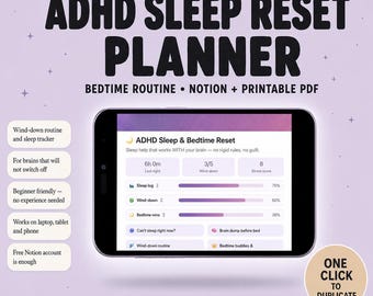 ADHD Sleep & Bedtime Reset Planner | Digital Sleep Tracker Wind-Down Routine for Adults | Notion Template + Printable PDF | Neurodivergent