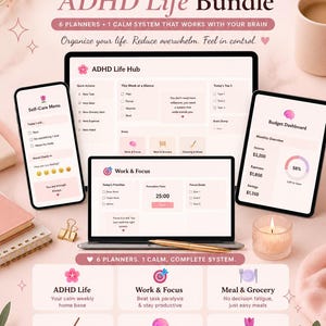 ADHD Notion Planner Bundle 6 in 1 | Adult ADHD Life Planner, Digital Organization System, Work Focus Budget Meal & Self Care Template