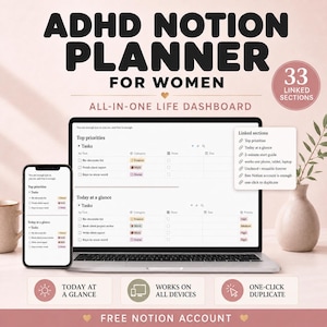 ADHD Notion Planner for Women | All-in-One Life Dashboard | Adult ADHD Digital Planner, Habit Tracker, Budget, Self Care | Notion Template image 1