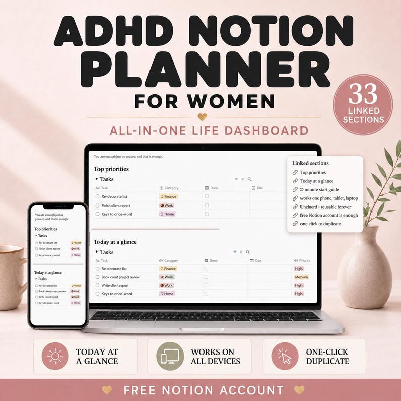 ADHD Notion Planner for Women | All-in-One Life Dashboard | Adult ADHD Digital Planner, Habit Tracker, Budget, Self Care | Notion Template image 1