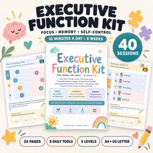 Peut inclure: Un kit de fonctions exécutives pour enfants de 4 à 12 ans, comprenant 40 sessions, 55 pages et 8 outils quotidiens. Le kit inclut des feuilles d'exercices comme The Connecting Trail et des routines Morning or Bedtime, visant à améliorer la concentration, la mémoire et l'autocontrôle sur 8 semaines. Formats A4 et US Letter.
