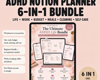 ADHD Notion Planner Bundle 6 in 1 | Adult ADHD Life Planner, Digital Organization System, Work Focus Budget Meal & Self Care Template