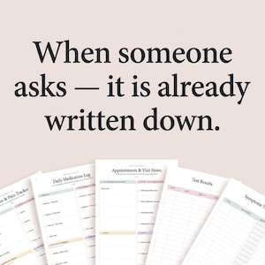 Op de afbeelding: Een set van vijf witte papieren gezondheidstrackingformulieren met zwarte tekst. De tekst bovenaan luidt: When someone asks — it is already written down. De formulieren bevatten koppen voor symptoom- en pijntracker, dagelijks medicatielogboek, afspraken en notities, testresultaten en symptoomtracker met diverse kolommen.