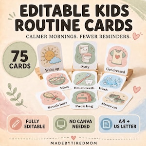 May include: A set of 75 editable kids routine cards featuring illustrations for daily tasks like wake up, potty, get dressed, breakfast, brush teeth, wash, brush hair, pack bag, and shoes on, with text labels and a soft pastel color palette.