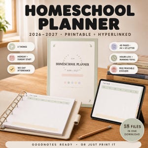 Op de afbeelding: Een 2026-2027 homeschool planner set met een fysieke map met witte pagina's, een digitale tablet met een weekkalender en een potlood. De planner bevat 40 pagina's, A4- en US letter-formaten, 18 bestanden, 3 thema's en aanwezigheidslijsten.