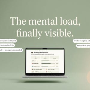 以下が含まれることがあります： セージグリーンの背景にWorking Mom Plannerのダッシュボードを表示したノートパソコン。テキストは「The mental load, finally visible.」と記載。特徴：Work and home in one dashboard, For the days you are doing both, Beginner friendly, Works on laptop, tablet and phone, Free Notion account is enough, ONE click to duplicate。