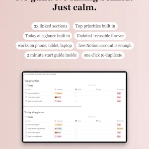 Op de afbeelding: Een digitale planner-sjabloon op een scherm met de tekst No guilt. No falling behind. Just calm. Bevat 33 gekoppelde secties, topprioriteiten, een dagoverzicht en werkt op telefoons, tablets en laptops.