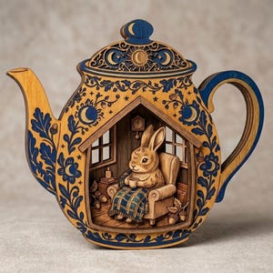 May include: A decorative wooden teapot-shaped wall hanging featuring a cutout scene of a rabbit sitting in an armchair, holding a cup, and covered by a plaid blanket. The exterior is decorated with blue and natural wood floral, moon, and star motifs.