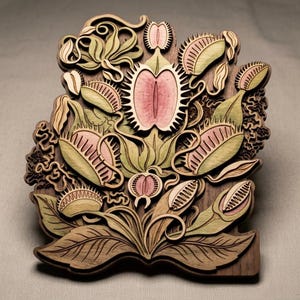 Houten muurkunst Venus Flytrap, decor vleesetende plant, botanische natuur muurhanger, gotisch cottagecore-accent