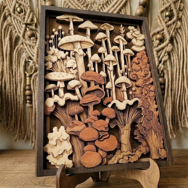 Cuadro de madera con forma de seta vintage, decoración bohemia retro con hongos, adorno de pared botánico de estilo cottagecore, acento para el hogar con temática de bosque.