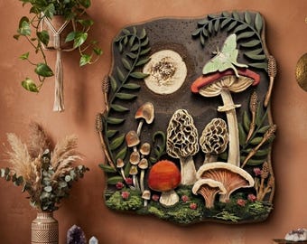 May include: A rectangular wooden wall art piece featuring a carved forest scene with various mushrooms, a pale moon, and a light green moth. The relief sculpture displays detailed textures of fungi, foliage, and moss in shades of brown, red, and green.