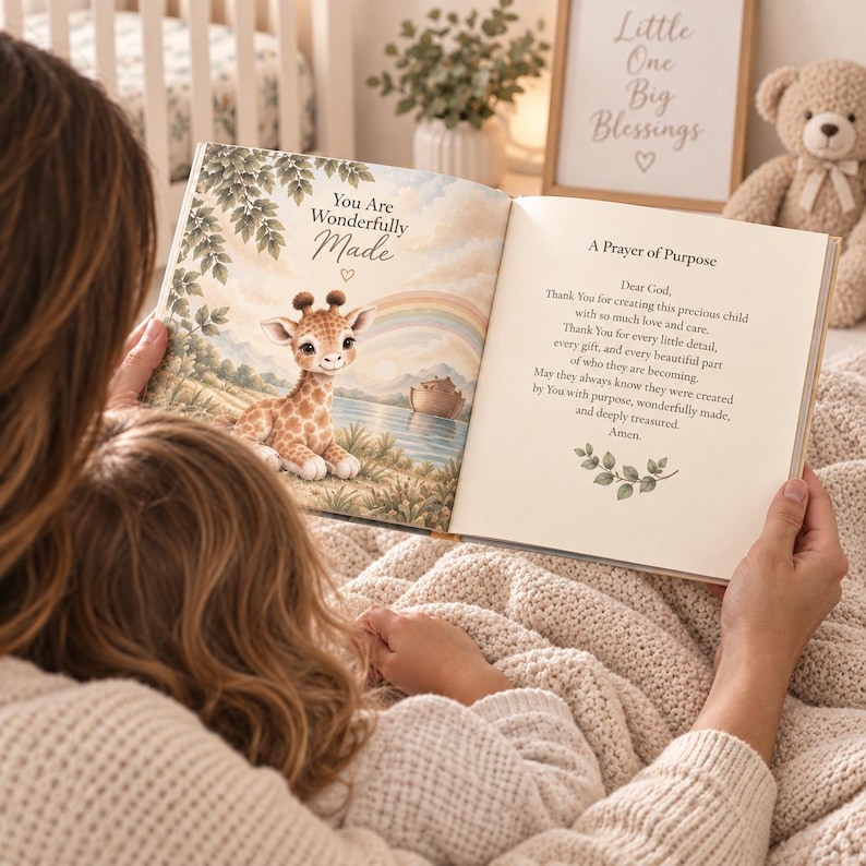 Op de afbeelding: Een hardcover boek open op een pagina met een girafillustratie en de tekst You Are Wonderfully Made, met op de tegenoverliggende pagina A Prayer of Purpose een gebed over een kind dat met liefde, zorg en een doel is gecre&euml;erd.
