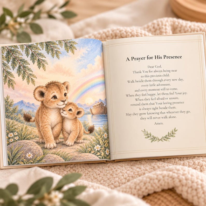 Op de afbeelding: Een open kinderboek met een kleurrijke illustratie van twee leeuwenwelpjes die samen bij een waterkant staan, met een regenboog en een houten boot op de achtergrond. De tegenoverliggende pagina toont de tekst A Prayer for His Presence.