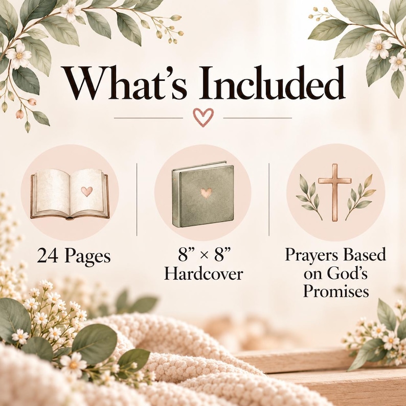 Op de afbeelding: Een informatieve afbeelding getiteld What's Included met drie ronde iconen: een open boek met een hart, een hardcover boek van 20,32 cm bij 20,32 cm met een hart, en een kruis met bladeren. Tekst bevat 24 Pages en Prayers Based on God's Promises.