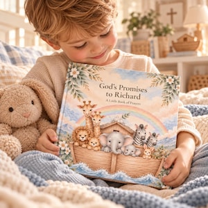 Op de afbeelding: Een hardcover boek met de titel God's Promises to Richard: A Little Book of Prayers. De kaft bevat een kleurrijke illustratie van een houten ark gevuld met getekende dieren, waaronder giraffen, een leeuw, een olifant en zebra's onder een regenboog.