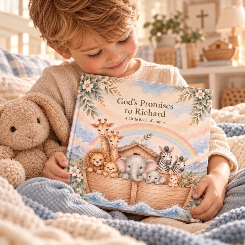Op de afbeelding: Een hardcover boek met de titel God's Promises to Richard: A Little Book of Prayers. De kaft bevat een kleurrijke illustratie van een houten ark gevuld met getekende dieren, waaronder giraffen, een leeuw, een olifant en zebra's onder een regenboog.