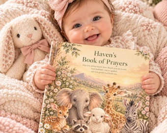 Op de afbeelding: Een hardcover boek getiteld Haven's Book of Prayers met een kleurrijke illustratie van een hert, olifant, wasbeer, lam, giraf, konijn en zebra omringd door bloemen. De kaft bevat tekst over geliefd zijn, geleid worden en zachtjes vastgehouden worden.