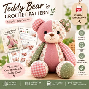 Nähvorlage für einen Patchwork-Teddybären (PDF), Stofftier-Schnittmuster, Sofort-Download