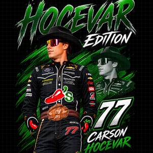 May include: A black racing suit featuring the text HOCEVAR EDITION, 77, and CARSON HOCEVAR with green brushstroke accents. The suit displays sponsor logos, a chili pepper graphic, and the number 77. A black cowboy hat and mirrored sunglasses are worn.