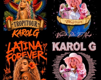 May include: A collage of four graphic designs featuring Karol G. The top left shows the artist with a parrot and globe, labeled "Viajando por el Mundo" and "Tropitour". The top right features the artist in a hat over a globe. The bottom left says "Latina Forever" and "Tropicoqueta". The bottom right lists tour dates.