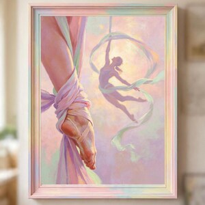 May include: A framed painting featuring a close-up of a foot wrapped in pastel-colored aerial silks, with a silhouette of a person performing aerial acrobatics with flowing ribbons in the background against a soft, ethereal, light-filled sky.