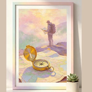 May include: A framed wall art print featuring a golden compass resting on an open map in the foreground. In the background, a hiker with a backpack stands on a rocky cliff edge, looking at a map against a soft, pastel-colored mountain sky.