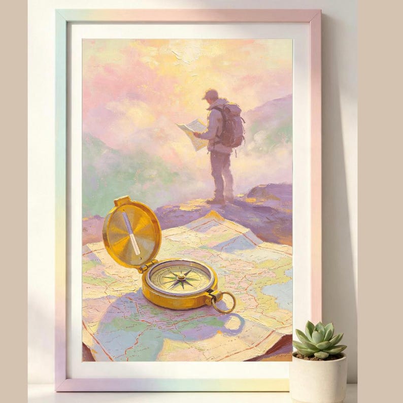 May include: A framed wall art print featuring a golden compass resting on an open map in the foreground. In the background, a hiker with a backpack stands on a rocky cliff edge, looking at a map against a soft, pastel-colored mountain sky.
