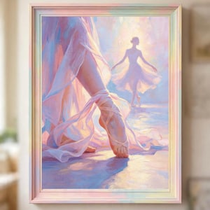 May include: A framed painting depicting a close-up of a dancer's leg and foot in a ribboned ballet slipper, with a flowing sheer skirt. In the background, a full figure of a dancer in a dress is visible, all rendered in soft pastel tones.