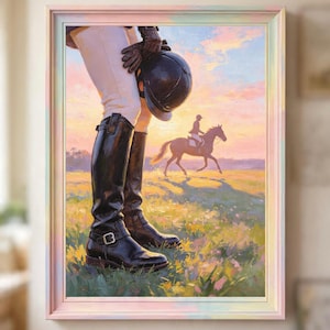 May include: An oil painting depicting a person in white breeches and tall black leather riding boots holding a black equestrian helmet. In the background, a rider on horseback is silhouetted against a soft, golden sunset over a grassy field.