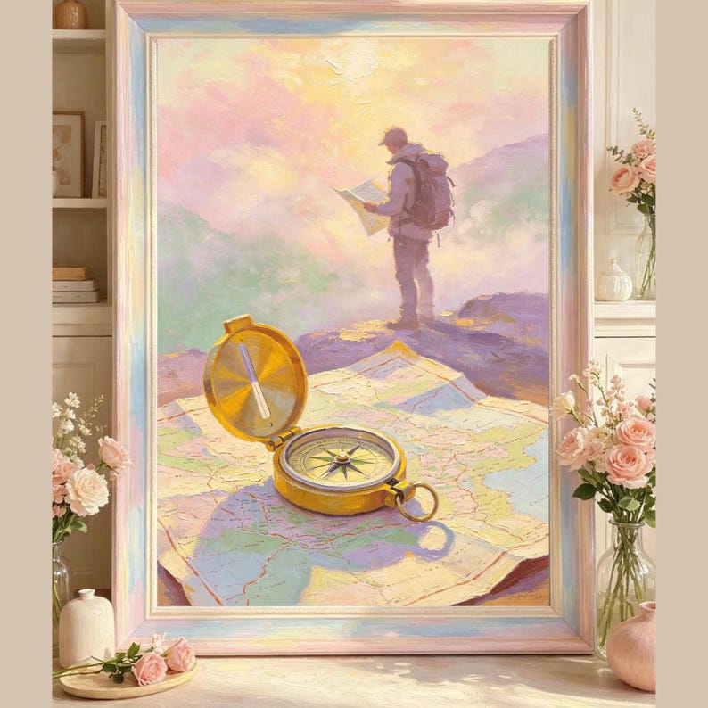 May include: An oil painting in a light-colored frame depicting a hiker standing on a mountain peak looking at a map. In the foreground, a gold-toned magnetic compass rests open on a large, detailed paper map with soft pastel colors and light.