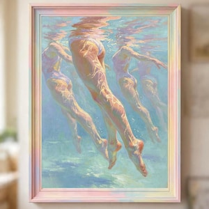 May include: An oil painting depicting multiple figures swimming underwater in a light blue pool. The figures are shown from the waist down, wearing light-colored swimsuits, with sunlight filtering through the water to create soft highlights.