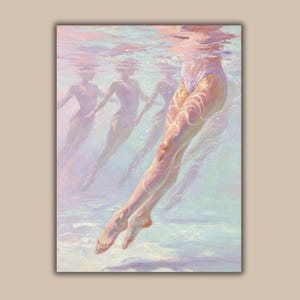 May include: An oil painting depicting multiple figures swimming underwater in synchronized motion. The scene features soft pastel tones of pink, lavender, and light blue, with light refraction patterns dancing across the skin of the swimmers.