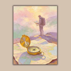 May include: A gold-toned metal compass with an open lid rests on a detailed paper map. In the background, a hiker with a backpack stands on a rocky cliff edge, looking at a map against a soft, pastel-colored sky filled with clouds and light.