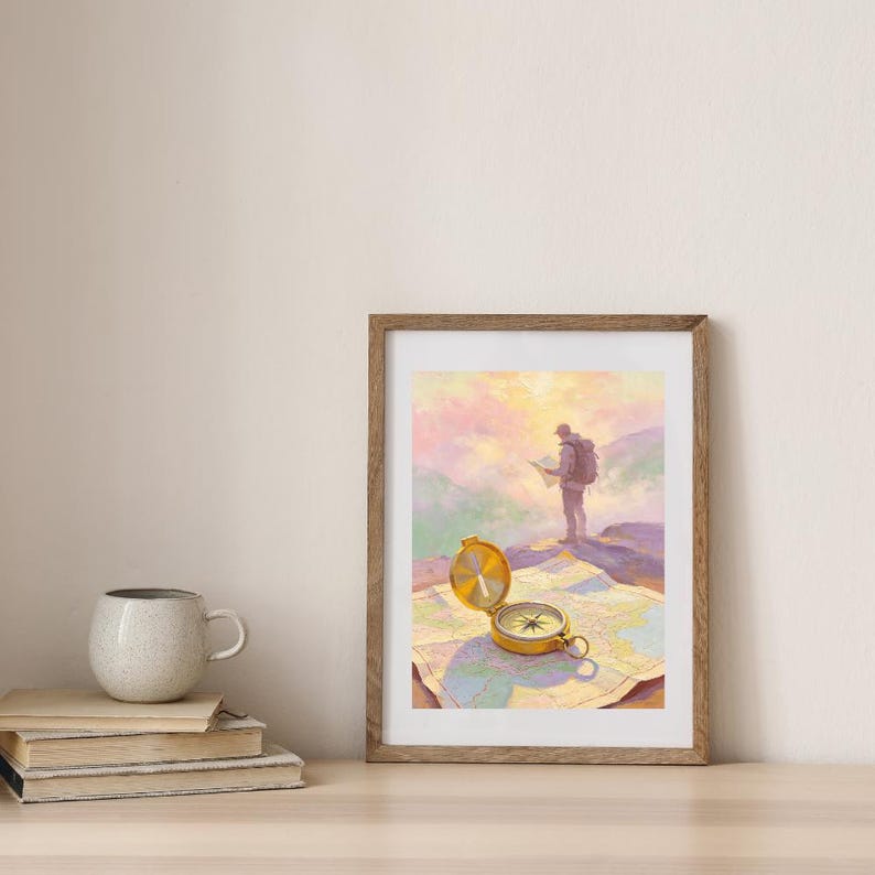 May include: A framed print featuring a hiker standing on a mountain peak at sunset, looking at a map. In the foreground, a gold-colored metal compass rests open on a detailed topographic map. The artwork uses soft pastel tones of pink, yellow, and blue.