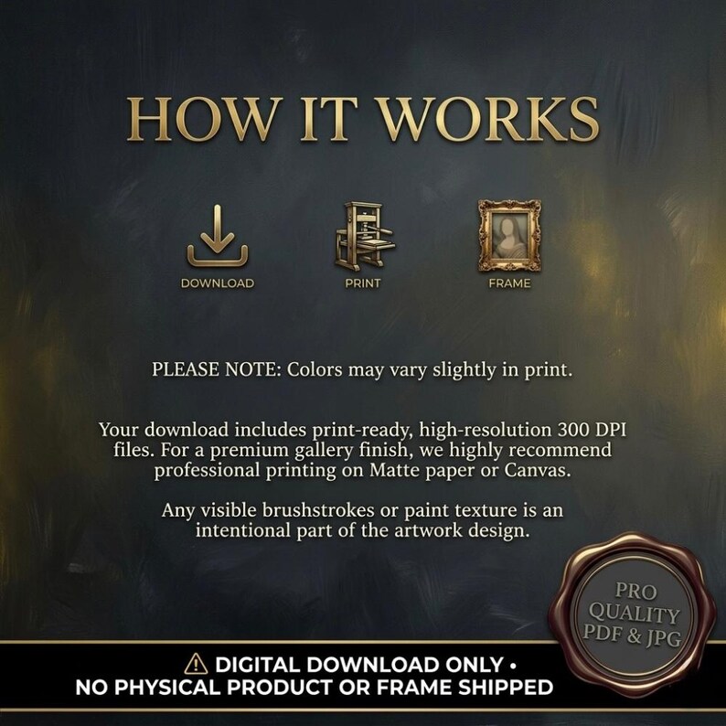 May include: An informational graphic titled HOW IT WORKS with icons for download, print, and frame. Text details high-resolution 300 DPI files, color variations, and printing recommendations. A wax seal graphic states PRO QUALITY PDF & JPG.