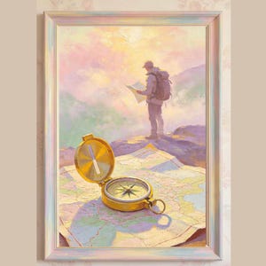 May include: A framed oil painting depicting a golden brass compass resting on an open topographical map. In the background, a hiker with a backpack stands on a rocky cliff edge, holding a map against a soft, pastel-colored sunrise sky.