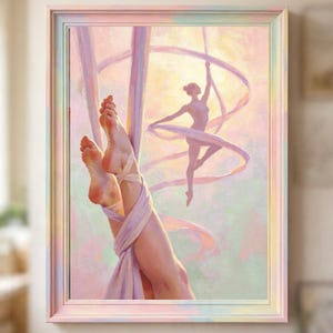 May include: A framed painting depicting a pair of bare feet wrapped in light purple silk aerial ribbons in the foreground, with a silhouette of an aerialist performing with flowing ribbons against a soft, pastel-colored, glowing background.