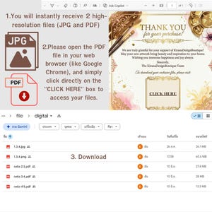 May include: A digital instruction card featuring gold decorative borders, floral accents, and text that reads THANK YOU for your purchase, followed by instructions to download files by clicking a box labeled CLICK HERE, alongside a file list.