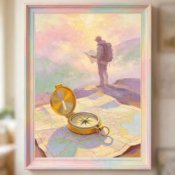 Adventure Art Print, Hiking Compass Painting, Wanderlust Wall Decor, Explorer Poster (Digital Download)
