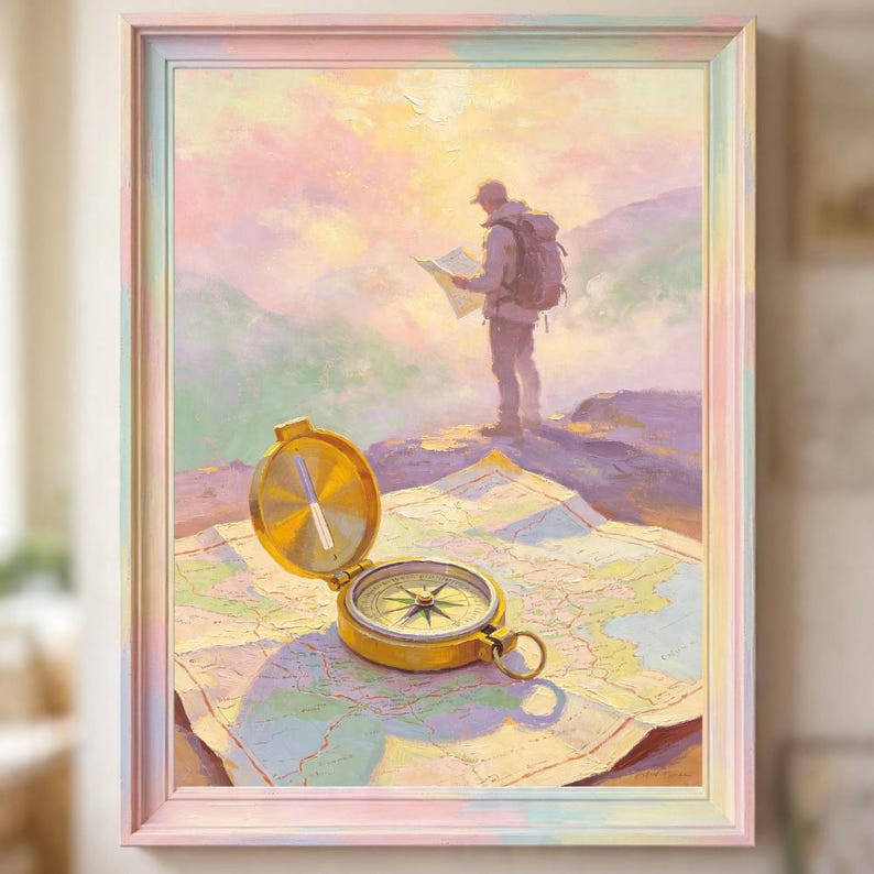 May include: An oil painting in a pastel-colored frame depicting a hiker standing on a mountain peak looking at a map. In the foreground, a gold-toned metal compass rests on an open, detailed topographical map, illuminated by soft, warm sunlight.