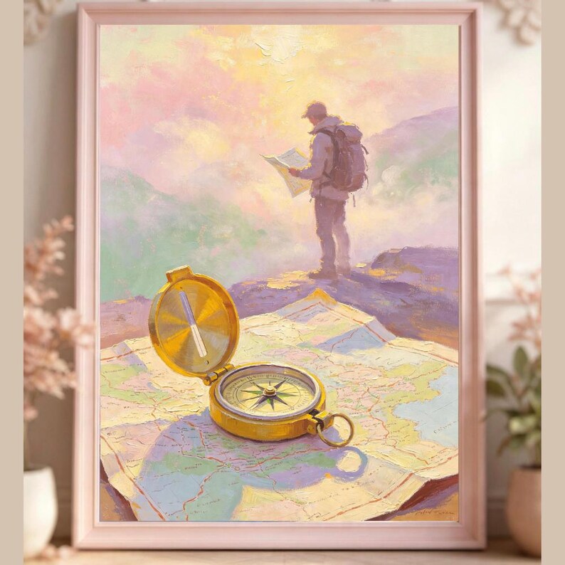 May include: A framed painting depicting a gold-colored compass resting on an open map in the foreground. In the background, a person with a backpack stands on a cliff edge, holding a map while looking out over a mountainous landscape at sunrise.