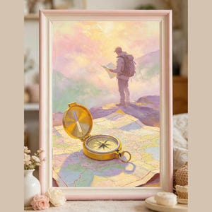 May include: A framed painting depicting a hiker with a backpack standing on a mountain peak while looking at a map. In the foreground, a gold-colored compass rests on an open, detailed map. The scene features soft pastel colors and a sunrise sky.